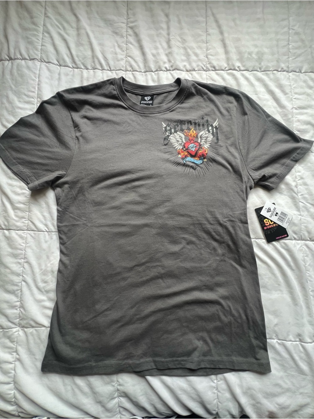 Men’s Charcoal Graphic Crewneck Tee with Winged Heart Emblem